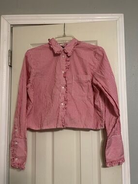 72HR⏳Free Shipping📦 J Crew red stripe regenerative cotton crop ruffle shirt
